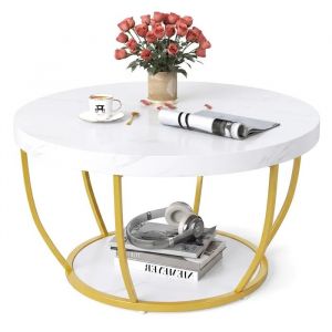 Table Basse Salon 80cm &agrave; 2 Niveaux COSTWAY, Cadre en M&eacute;tal, Table Basse Bois de Cocktail, Table Ronde d'Appoint pour Chambre, Blanc