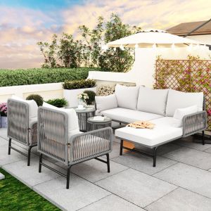 Modernluxe - Salon de jardin en Fer et Corde - 2 canapés, 2 fauteuils et 2 tables basses gigognes - avec tous les coussins - Gris