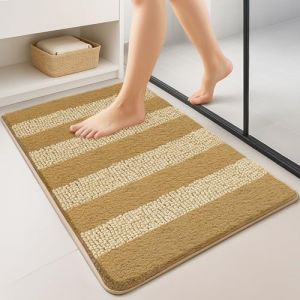 Vounot Lot de 2 Tapis de Bain Antidérapant en Chenille Microfibre Moelleux et Ultra Absorbant à Rayures Confortable Lavable en Machine pour Salle de Bain Douche Baignoire 50x80cm Beige