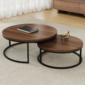 Table basse ronde gigogne 2 pièces, bois et métal,noyer