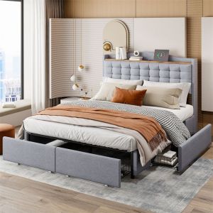 Lit double capitonné avec 4 tiroirs, sommier à lattes et tête de lit avec port USB et étagère, tissu en lin, gris 140x200cm