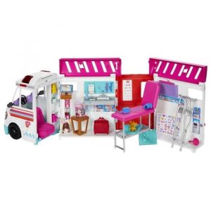 Mattel Coffret Camion Ambulance Transformable En Clinique Hopital - Vehicule Medical 2 En 1 - Son Et Lumiere - Set Jouet Fille + Carte