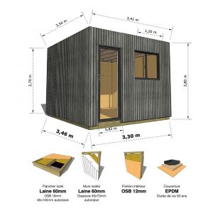 Image de STUDIO DE JARDIN &bull; 11,8 m2 - 3,35 x 3,52m &bull; Plancher isol&eacute; &bull; Bardage Gris &bull; Int&eacute;rieur OSB