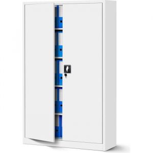 Jan Nowak Armoire de Bureau Métallique C001II 4 Etagères Tôle d'acier Portes Battantes Verrouillable 185 cm x 115 cm x 40 cm (Blanc)