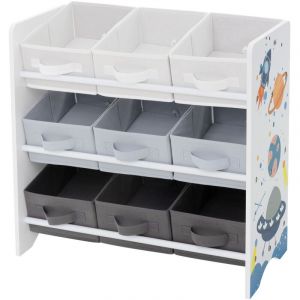 Tagère pour Enfants avec 3 Compartiments et 9 Boîtes de Rangement, Motif Espace, 62,5x29,5x60 cm, Blanc, Coffre en Tissu Non Tissé, Bibliothèque pour