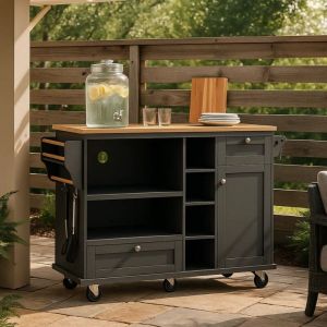 URBAN MEUBLE Tables d'extérieur îlot de cuisine noir mobile avec 2 tiroirs et porte de rangement