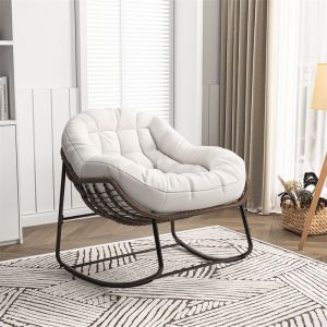 Fauteuil à Bascule - 105x90x80cm - Rotin, avec Coussin Rembourré - pour Porche, Salon, Patio, Jardin - Beige