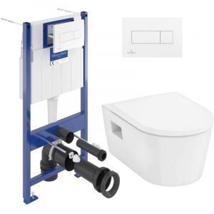 Villeroy & Boch Pack WC Bâti-support + WC sans bride Hansgrohe EluPura + Abattant softclose + Plaque Blanche (VCNPURAS2)