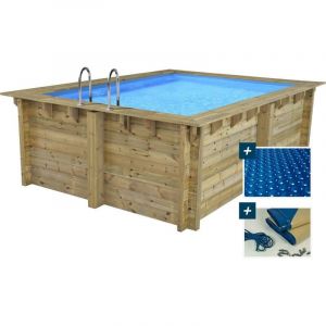 Habitat et Jardin Piscine bois rectangle ' Caimans 140 ' - 4.10 x 3.00 x 1.39 m + B&acirc;che &agrave; bulles 180 &micro; - B&acirc;che hiver 280 g/m&sup2;