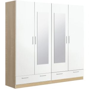 Image de Pegane Armoire / placard de rangement de 4 portes avec miroirs + 2 tiroirs coloris Chêne Cambrian / Blanc - longueur 202 x prof