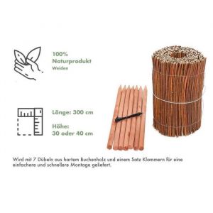 Clôture en osier - BOGATECO - Longueur 300cm - Hauteur 40cm - 7 piquets en bois - Durable