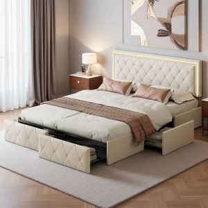 Lit 140x190 cm, LED r&eacute;glable, Planche de lit r&eacute;glable, &Eacute;l&eacute;gance moderne, lit adulte, cadre de lit double 140x190 cm, PU, beige