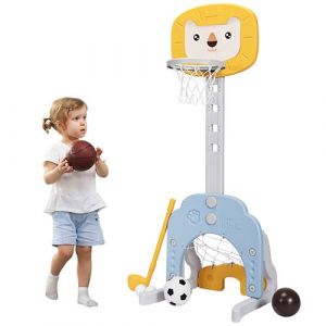 COSTWAY Panier de Basket Multifonctionnel 3 en 1, Hauteur Ajustables de 110cm à 149cm, Inclus Jeu de Basketball, Football et Golf
