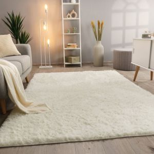 Paco Home - Tapis De Salon Poils Longs Fausse Fourrure Shaggy Moelleux Monochrome Blanc, 200 cm rond