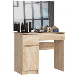 Table de coiffeuse AKORD gauche avec miroir 900x600 Chêne Sonoma 90 cm 1 porte 2 tiroirs façade Chêne Sonoma 2 étagères 90x50x142 cm