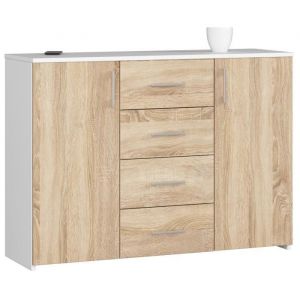 Commode Akord K45 Blanche 110 cm 2 portes 4 tiroirs façade Chêne Sonoma 4 étagères 110x35x80 cm