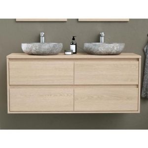 Meuble de salle de bain avec double vasque à poser en pierre - Placage chêne - 120 cm - MILIPAM