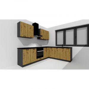 Pegane Cuisine compl&egrave;te d'angle ANIA 9 &eacute;l&eacute;ments couleur Ch&ecirc;ne Artisan, Graphite - Longueur 200/260 cm