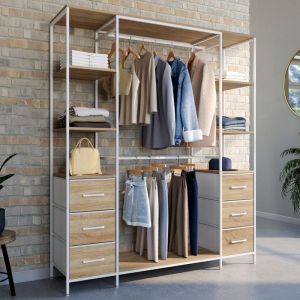 Idmarket Dressing double penderie + double colonne L. 140 cm UTAH avec 6 étagères et 6 bacs en tissu bois et blanc