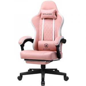 Gtplayer - Chaise de gaming ergonomique avec surface en tissu, coussin de siège à ressort, accoudoirs de connexion et repose-pieds Rose