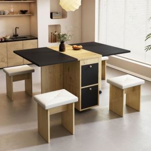 Ensemble Table à Manger Extensible avec 4 Chaises Mange Debout Pliant avec 2 Tiroirs, Noir