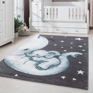 Carpetsale24 Tapis de Chambre pour Bébé et Enfant joli motif d'éléphant couleur bleu gris et blanc 160x230 cm