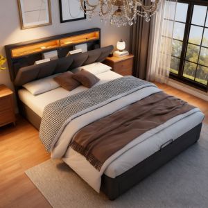 Lit coffre 140x190 cm - NEXU - Gris Anthracite - LED int&eacute;gr&eacute;e - Tiroirs de rangement - T&ecirc;te de lit r&eacute;glable