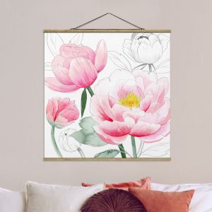 Bilderwelten Tableau en tissu avec baguettes de suspension - Drawing Pink Peony I - Carré 1:1 Dimension HxL: 35cm x 35cm Matériau: Chêne