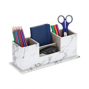 Relaxdays Organiseur de bureau, porte-crayon 4 compartiments, effet marbre, HxLxP : 11 x 29,5 x 11 cm, rangement, blanc