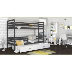 Kids Literie - Lit Superposé 3 Places Milo 90x190 Gris - blanc Livré avec sommiers, tiroir et matelas en mousse de 7cm - Gris - blanc