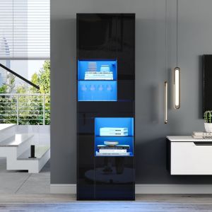 Vitrine haute brillance 55 x 38 x 170 cm - 1 tiroir et 4 portes - Avec éclairage LED - Noir