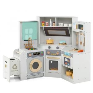 Cuisine Enfants d'Angle COSTWAY Interactive en Bois, 3 Ans+ avec Lumières et Sons, Poubelle Coulissante -12 Accessoire Gris