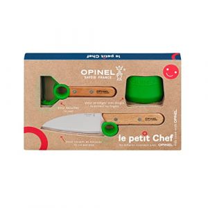 Opinel Coffret Complet Petit Chef - Ustensiles de Cuisine Enfant - Couteau, Éplucheur, Protège-Doigts - Hêtre & Inox - Vert