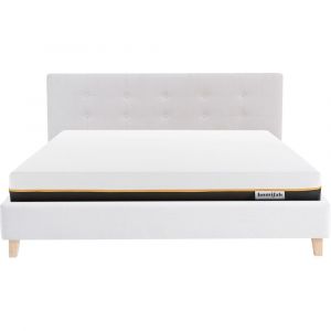 Ensemble Lit adulte 180x200cm avec tête de lit en tissu beige - Milo + Matelas mémoire de forme - Dual Confort