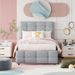 Lit simple Lit enfant Lit capitonné 90 x 200 cm avec tête de lit réglable, linge doux pour la peau, gris