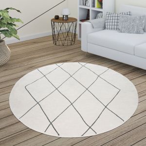 Paco Home - Tapis Salon Scandinave Motif Diamant Moderne Blanc Différents Designs Tailles 120 cm rond, Blanc 2