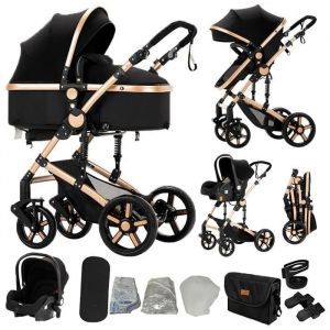 Poussette 3 En 1 Magic Zc Poussette Pousette Trio 3 En 1 Pousette Cadre En Alliage D'aluminium Paysage &Eacute;lev&eacute; Sac &Agrave; Main Noir Or