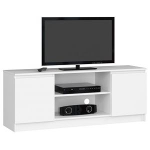 AKORD Meuble TV pour salon blanc 140 cm 2 portes couleur blanc mat, 2 étagères - 140x40x55 cm