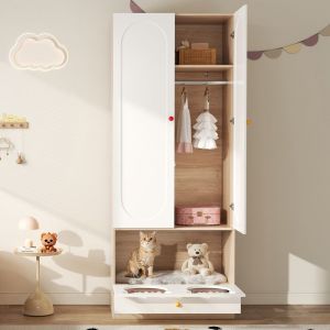 Armoire enfant 80x50x200cm - Avec tringle à vêtements - Avec lit pour chat - 2 portes - Blanc+naturel