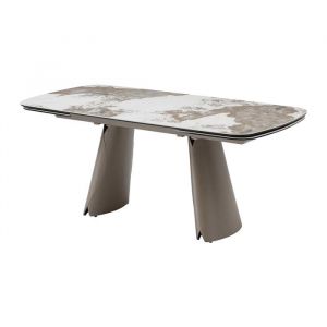Table &agrave; manger extensible 6 &agrave; 10 personnes en c&eacute;ramique verre tremp&eacute; et m&eacute;tal bronze - Effet marbre blanc et gris - FARUDI de Maiso