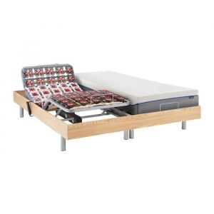Lit électrique relaxation tout plots matelas mémoire de forme HESIODE III de DREAMEA - moteurs OKIN - chêne naturel - 2 x 90 x 200 cm