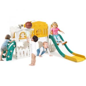 Toboggan pour Enfant 8 en 1, Ensemble Toboggan avec Espace de Cache-Cache, Échelle d'escalade, Panier de Basket, Télescope et Tunnel de Jeu pour