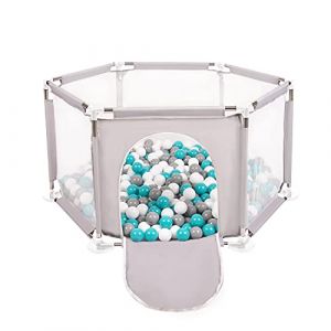 Selonis Parc Bébé Hexagonal Pliable Avec 900 Balles Plastiques, Gris:Gris/Blanc/Turquoise