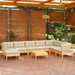 VidaXL Salon de jardin 9 pcs avec coussins crème Bois de pin solide