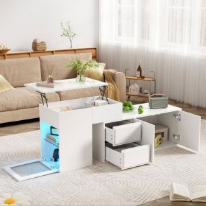 Image de Table basse relevable 90x50x40+60x40.5x54cm - table multifonctionne LED, designe unique, grand espace de rangement - blanc