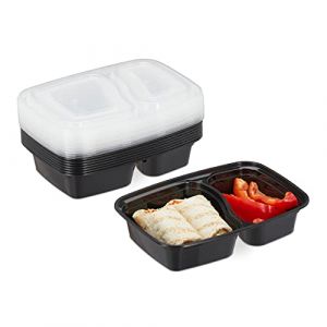 Relaxdays Meal prep containers, lot de 10, 2 compartiments, micro-ondes, 800 ml, boîte alimentaire avec couvercle, noir