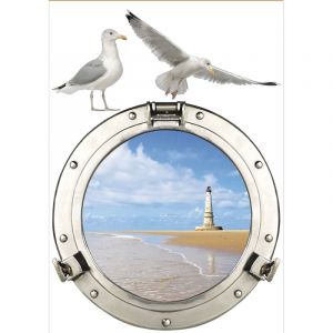 Plage Sticker décoratif fenêtre en trompe l'oeil effet 3D, photo d'un hublot trompe l'oeil vu sur le bord de mer avec un phare blanc, 68 cm x 48 cm - Bleu