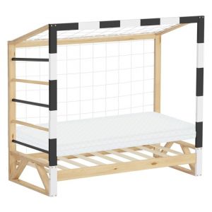 Lit d'Enfant Football 70x140 cm avec Matelas en Mousse Housse Amovible, Blanc et Noir, Cadre en Bois de Pin Massif Robuste, Sommier à Lattes et Filet