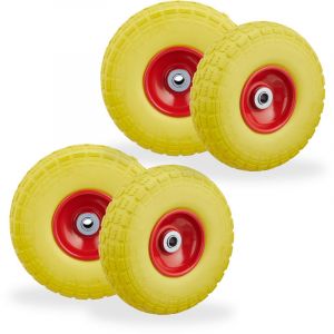 Relaxdays Roue de diable, lot de 4, caoutchouc, 260x85 mm, increvables, 16 mm, 4.1/3.5-4 essieu, jusqu'à 150 kg, jaune-rouge