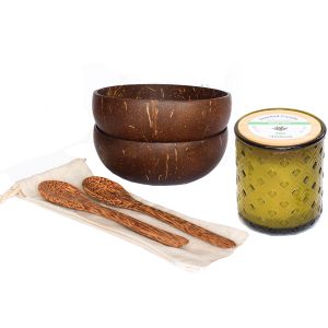 Jolipa Lot de 2 bols 2 cuillères en coco 1 bougie aloe vera en verre recyclé